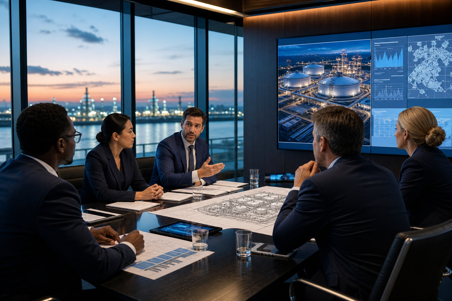 Energy executives reviewing petroleum infrastructure projects