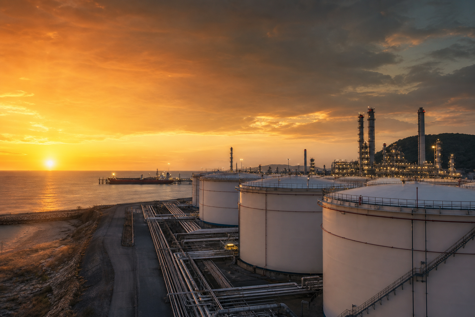 Petroleum storage terminal and refinery at golden hour